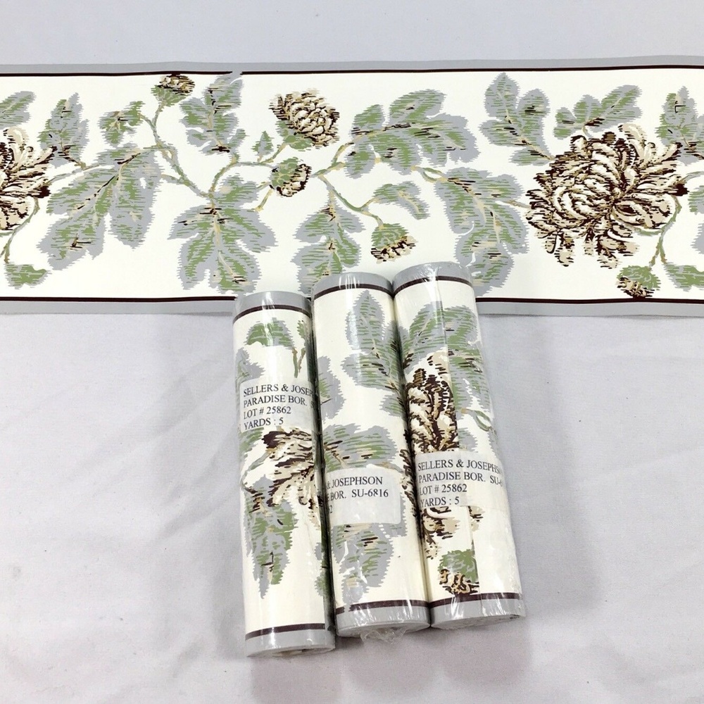 Wallpaper Border Beige Gold Green Flower 3 Rolls